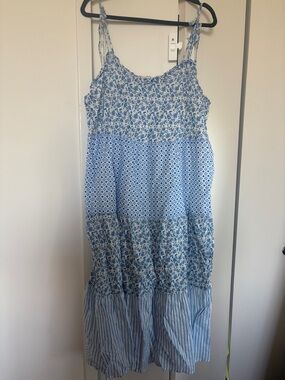 J. Crew Blue and White Tiered Midi Dress
